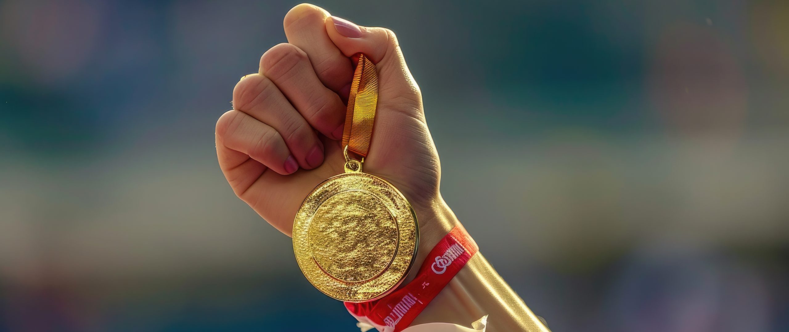 hand of a woman raising an Olympic gold medal in victory