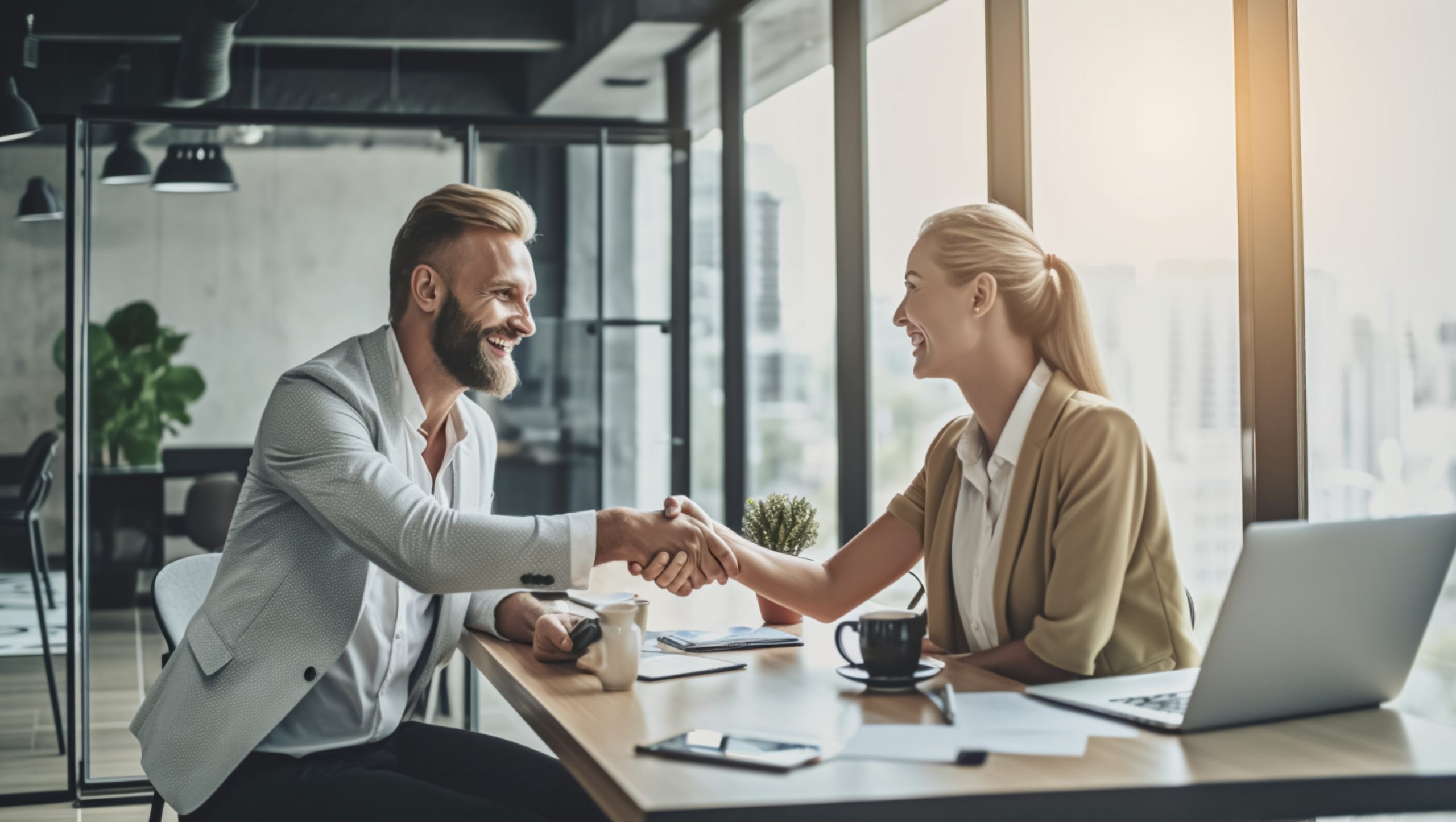 Woman and man shake hands, partners made a deal, created with Ge